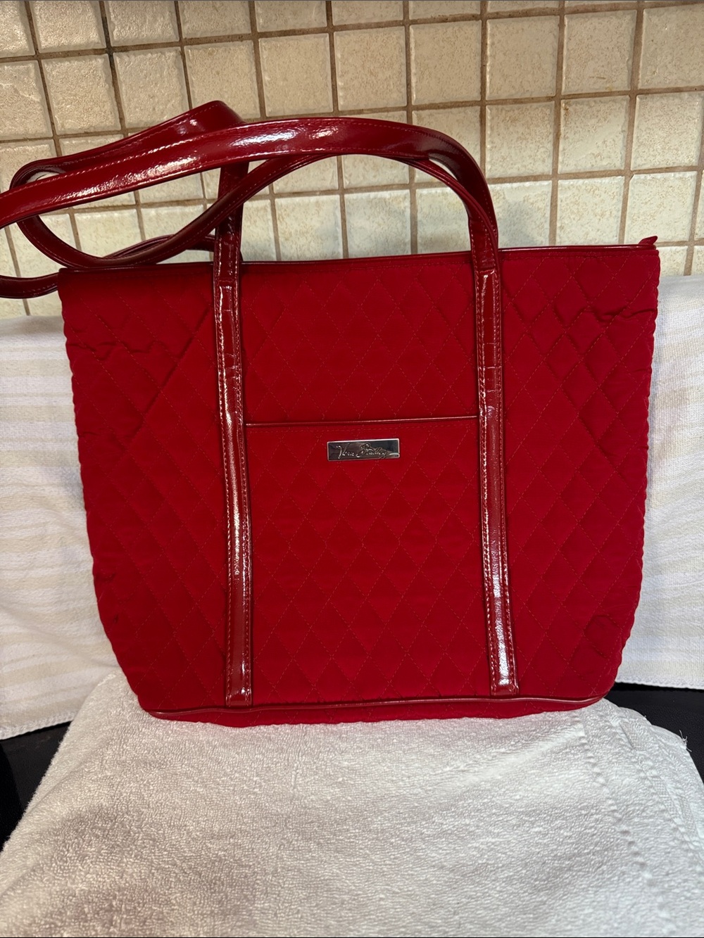Vera Bradley Quilted Red Tote with Patent Trim